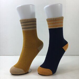 Womens Crew Socks Set 2 Stripes Mustard Yellow Navy Blue Tan Gray